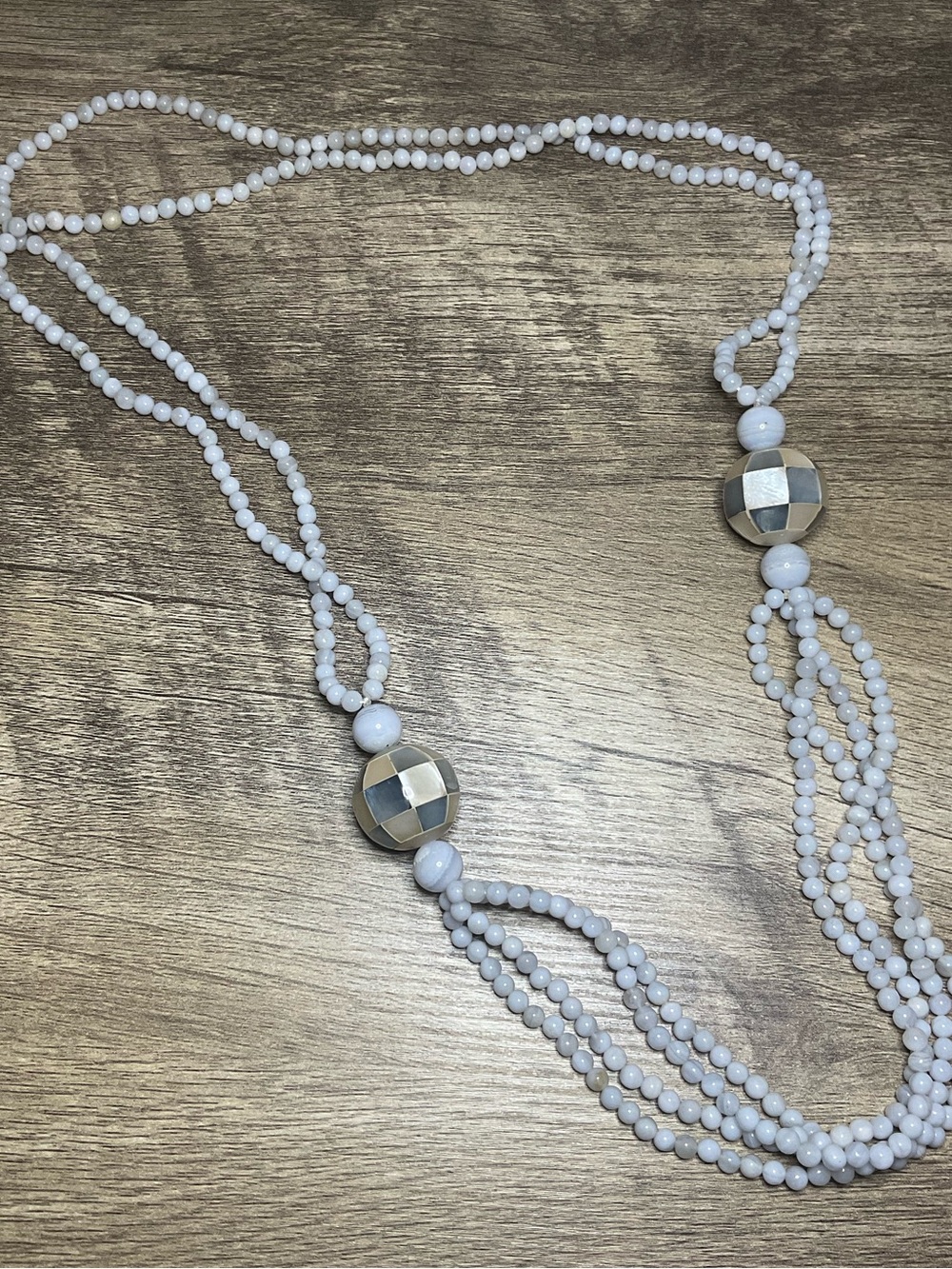 Vintage 1980s Blue Lace Agate & Mother of Pearl Multi Strand Loop Necklace
